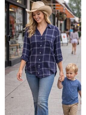 Women Navy Windowpane Button Up Shirt M High Low 3/4 Sleeve